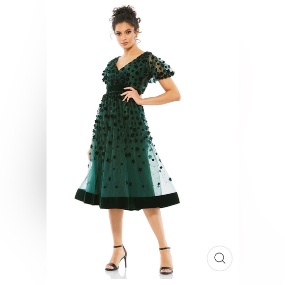 Mac Duggal | Embellished Butterfly Sleeve Velvet Hem Midi Dress | Emerald Green - Picture 1 of 15